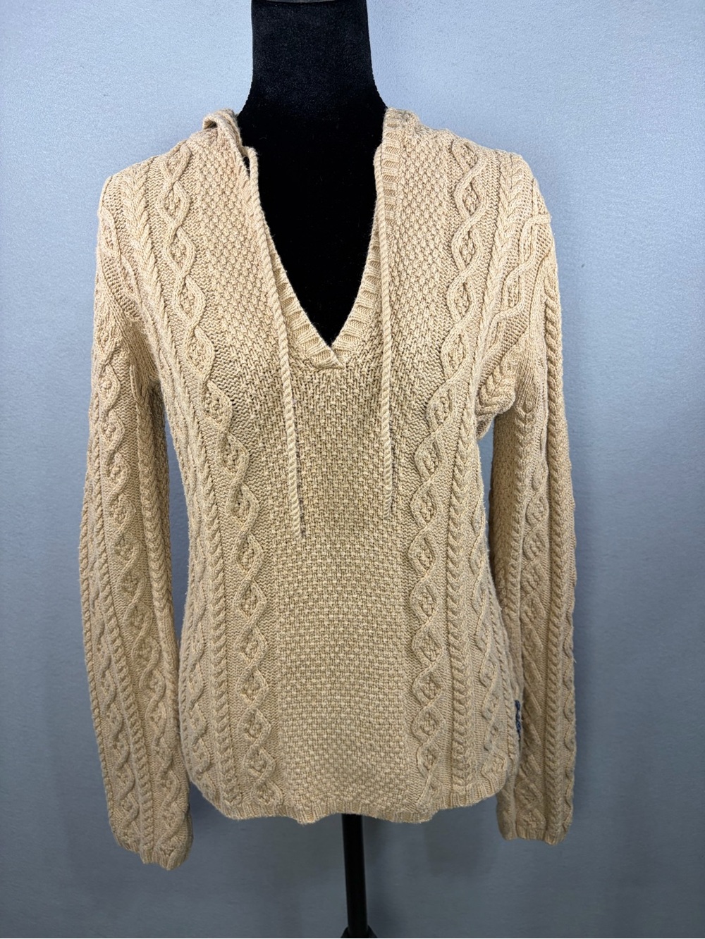 Polo by Ralph Vintage Y2K Lauren Cream Cable-Knit V-Neck Hoodie Sweater